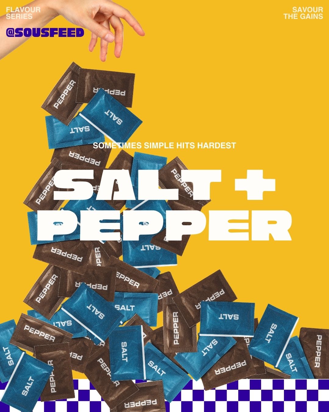 Illustration of 'SALT + PEPPER' in blue and brown salt and pepper bags, with a hand dropping the bags, against a yellow background with a blue and black checkered pattern at the bottom.