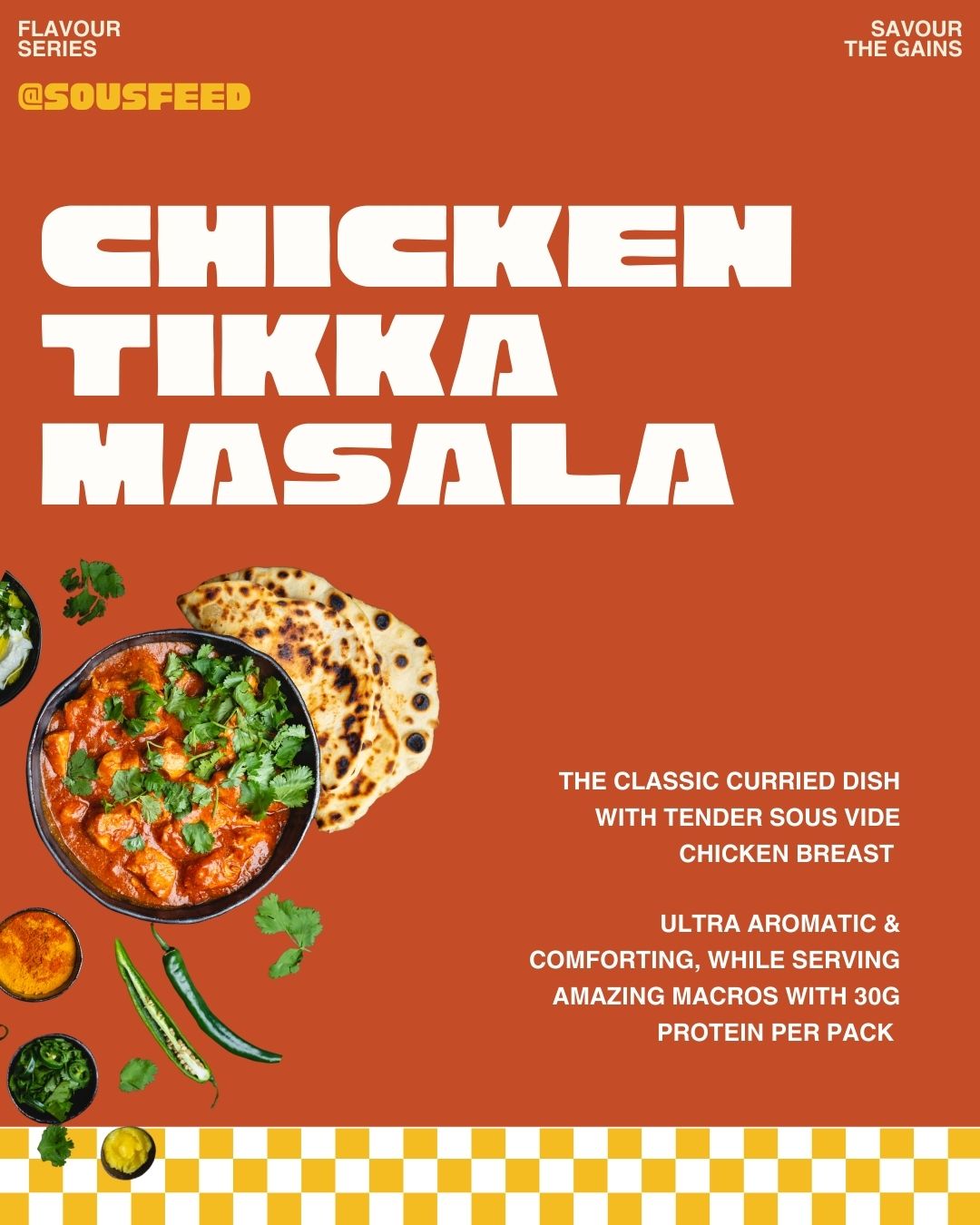 Promotional graphic for Tikka Masala product featuring a bowl of curry, accompanied by naan, coriander, an pepper with text overlay.