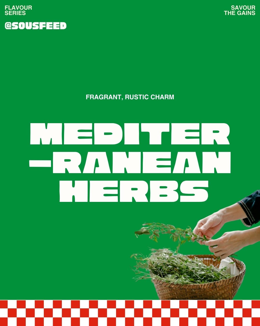 Illustration for SOUSFEED Mediterranean Herbs product featuring text and an image of herbs.