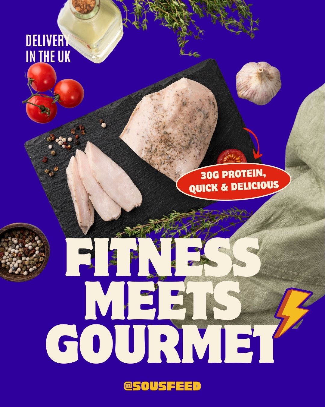 Illustration of SousFeed's core offering.  30 grams of protein, quick and delicious.  Fitness meets gourmet.
