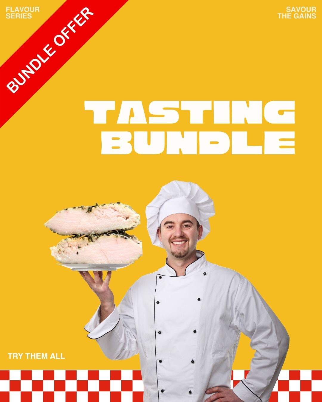 A chef holding a prepared meal with text overlay 'Tasting Bundle' and 'BUNDLE OFFER' on a yellow background, representing the product's variety pack of different flavored sous vide chicken.
