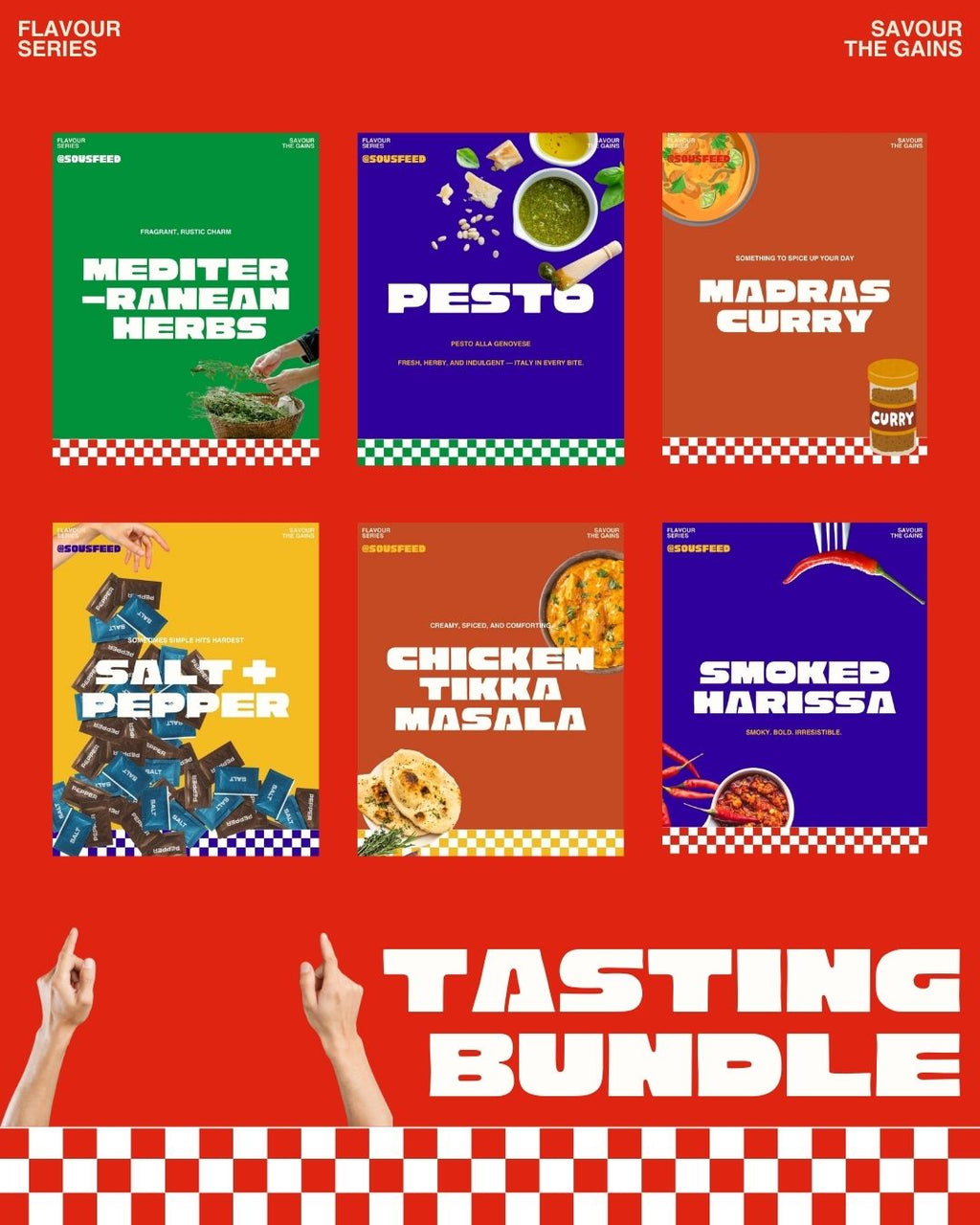 Illustration of the SousFeed tasting bundle of six flavours: Mediterranean Herbs, Pesto, Madras Curry, Salt and Pepper, Tikka Masala, and Smoked Harissa.