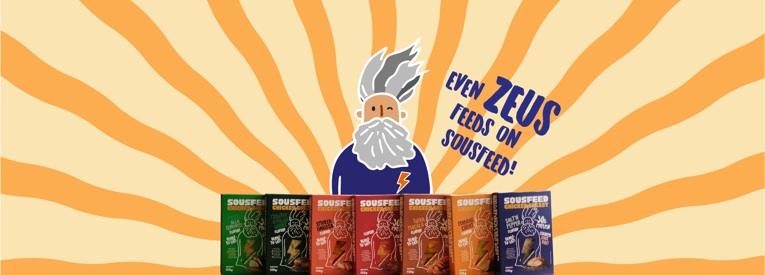 SousFeed brand products with a cartoon representation of Zeus in the background on a sunburst pattern