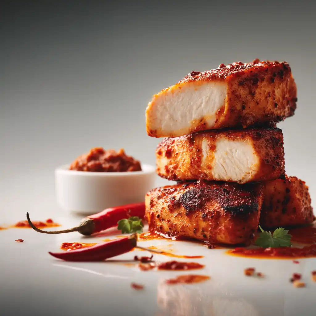 Stack of sliced smoked harissa flavoured sous vide chicken breasts, paired with chilli and coriander and other spices.